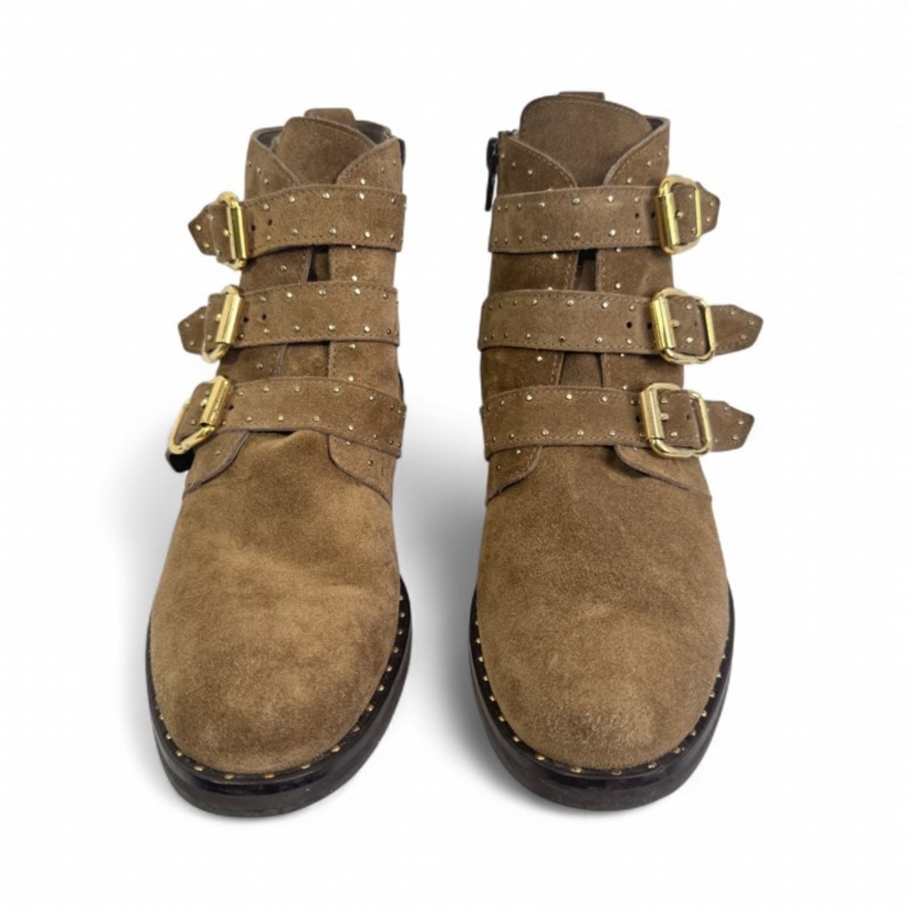Minelli Brown Suede Studded Ankle Boots Buckle Moto EU 38 - Picture 2 of 13
